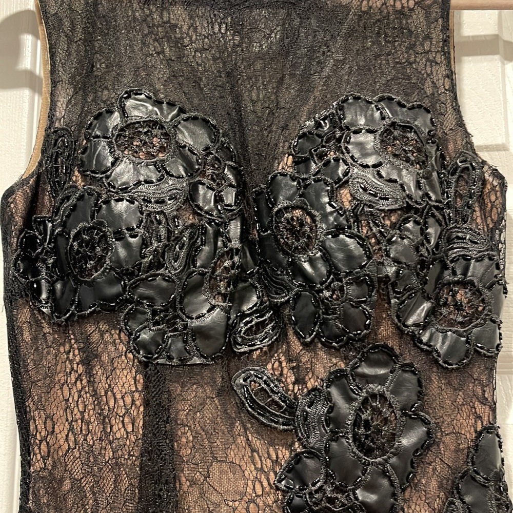 Terani Couture Black lace, floral leather beaded applique coctail dress